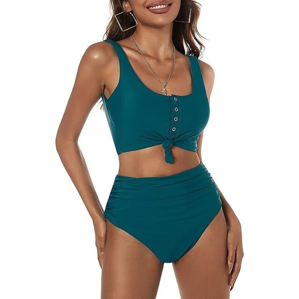 Zaful High Waisted Bikini Scoop Neck 2-pc Swimsuit - Peacock Blue - Large